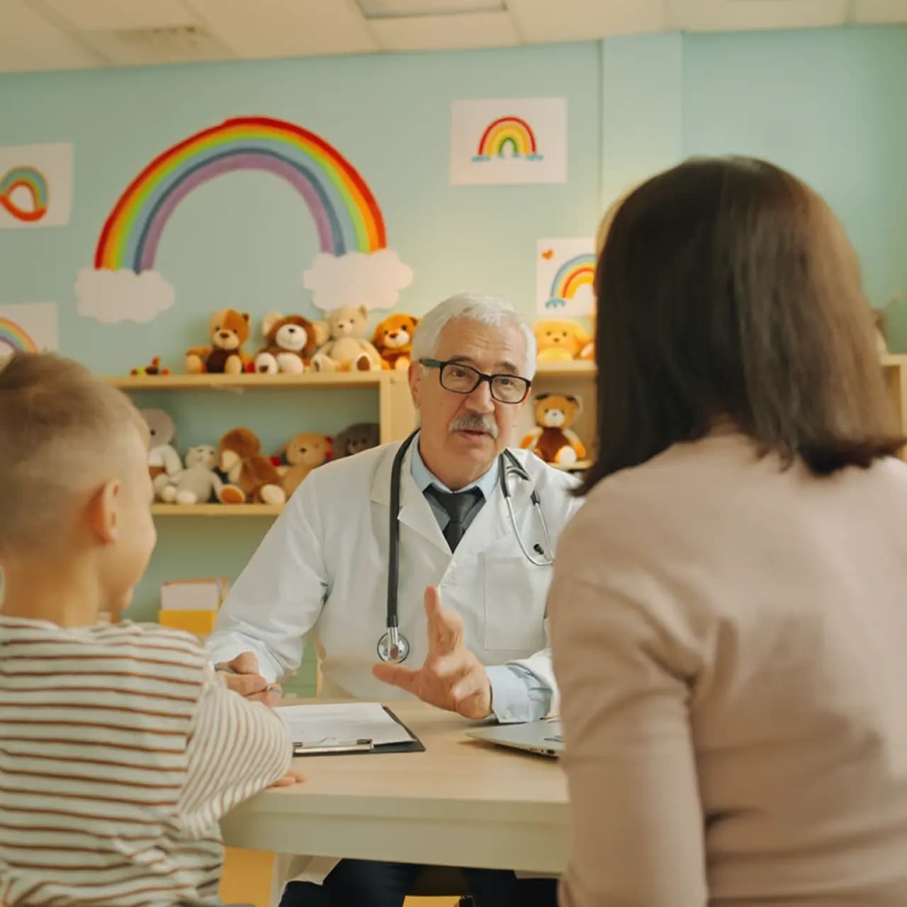 Doctor speaking with families during a scheduled health consultation at the community-based daycare.